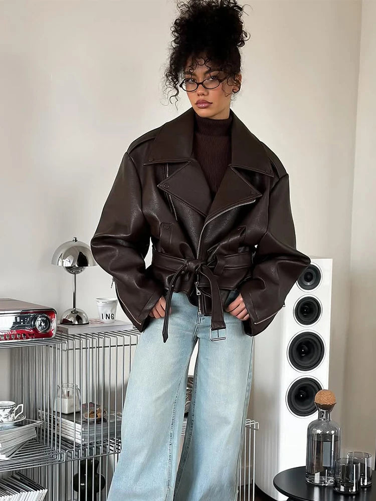 Women Chic Brown Leather Jacket With Belt Chic Full Sleeve Laple Zipper Short Coats 2026 Autumn New Ladies Street Biker Jackets