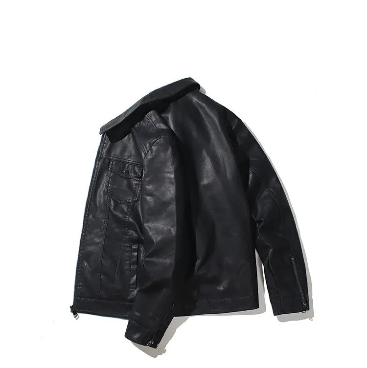Autumn and Winter Classic Men's Leather Jacket Lapel Fashion Trend Locomotive Clothes Fleece Thermal Jacket Men