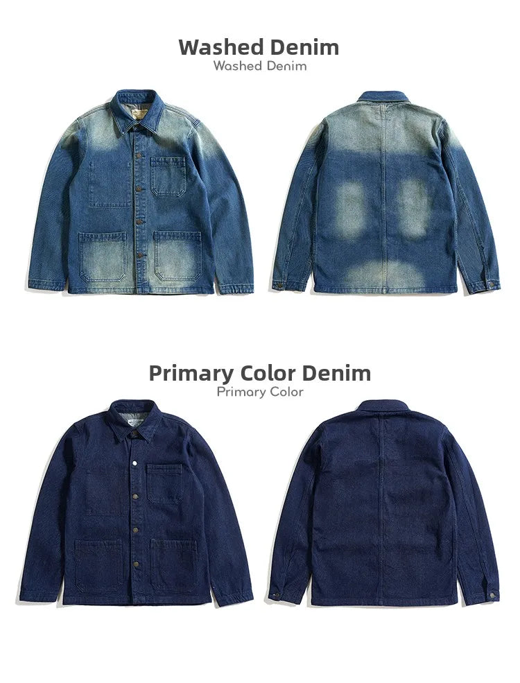 American Retro Thickened Heavyweight Men's Denim Jacket Casual Autumn Winter Workwear Outerwear Standard Fit Multi-Pocket Washed