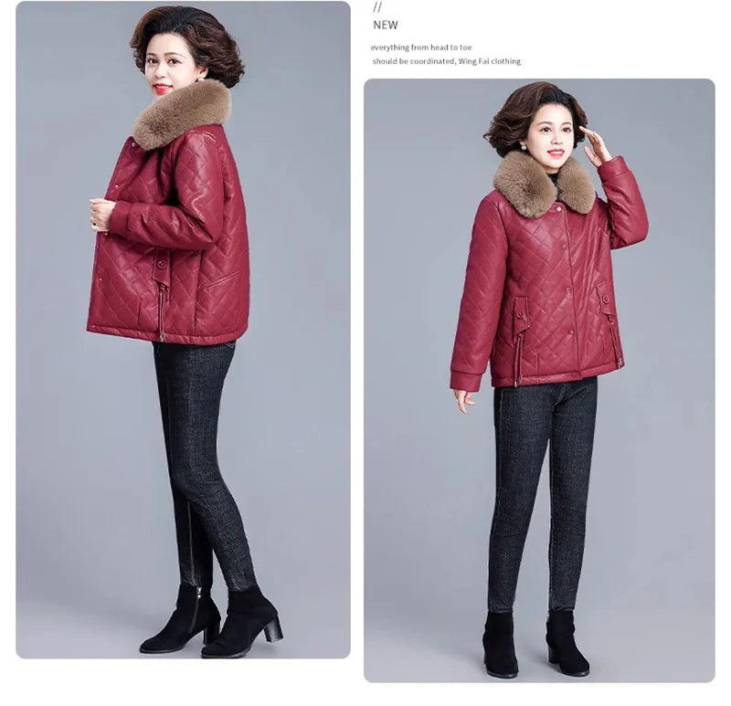 High End Middle Aged Women's Leather Jacket Winter New Thicken Warm Big Fur Collar Faux PU Leather Coat Female Outerwear 5XL