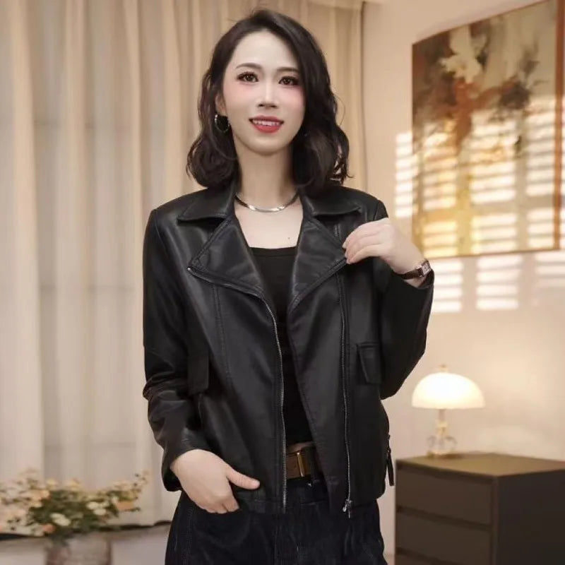 2026 Fashion Autumn PU Leather Jacket Women New Short Leather Coat Retro Lapel Sweet Motorcycle Outerwear Ladies Overcoat Top