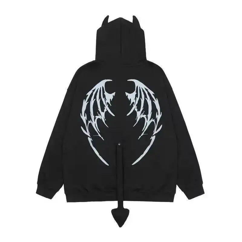2025 Autumn Harajuku Hoodies Women Gothic Devil Horn Hooded Sweatshirt Halloween Cos Clothes Detachable Tail Zip-Up Outwear