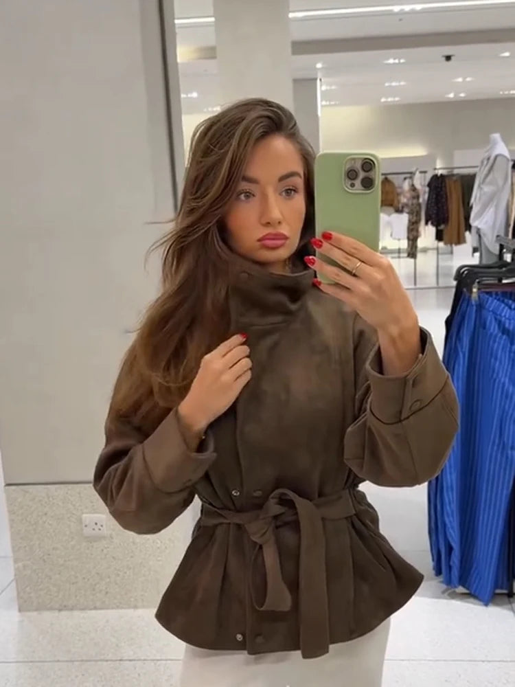 Women Brown Faux Suede Short Jacket Tie‑waist Long Sleeve Vintage Streetwear 2026 Lady New Autumn Winter Casual Outerwear Coat