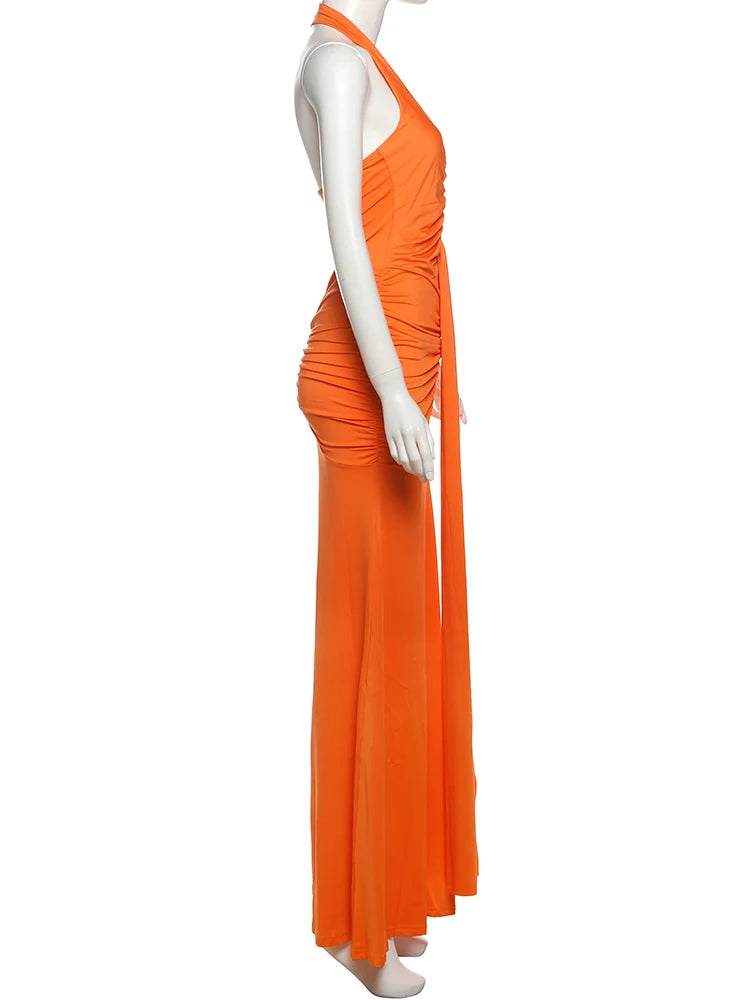 Weird Puss Backless Tassel Dress Women Peach Buttock Pleated Patchwork Solid Halter Sleeveless Midnight Clubwear Party Vestidos