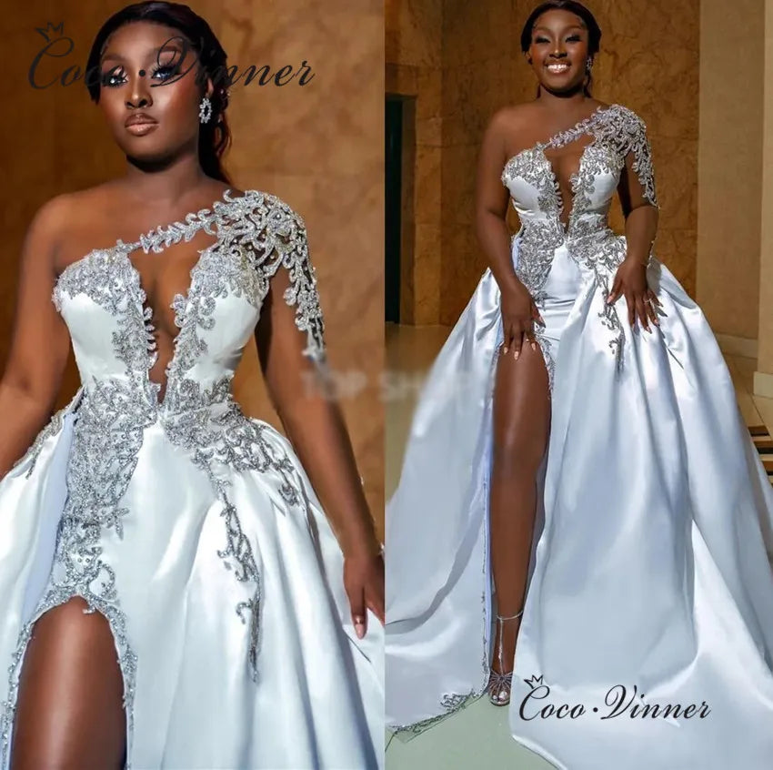 Customized Deep V neck Side Slit  Sexy Wedding Dresses 2026 One Shoulder Luxury Sequin Lace 2 IN 1 Satin Wedding Dress  W1098