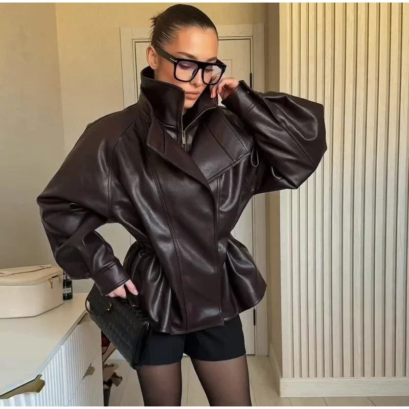 Fashion Solid Faux Leather Women's Jacket  Lapel Waist Cinching Loose Long Sleeves Coat Chic 2026 Spring Autumn New Street Wear