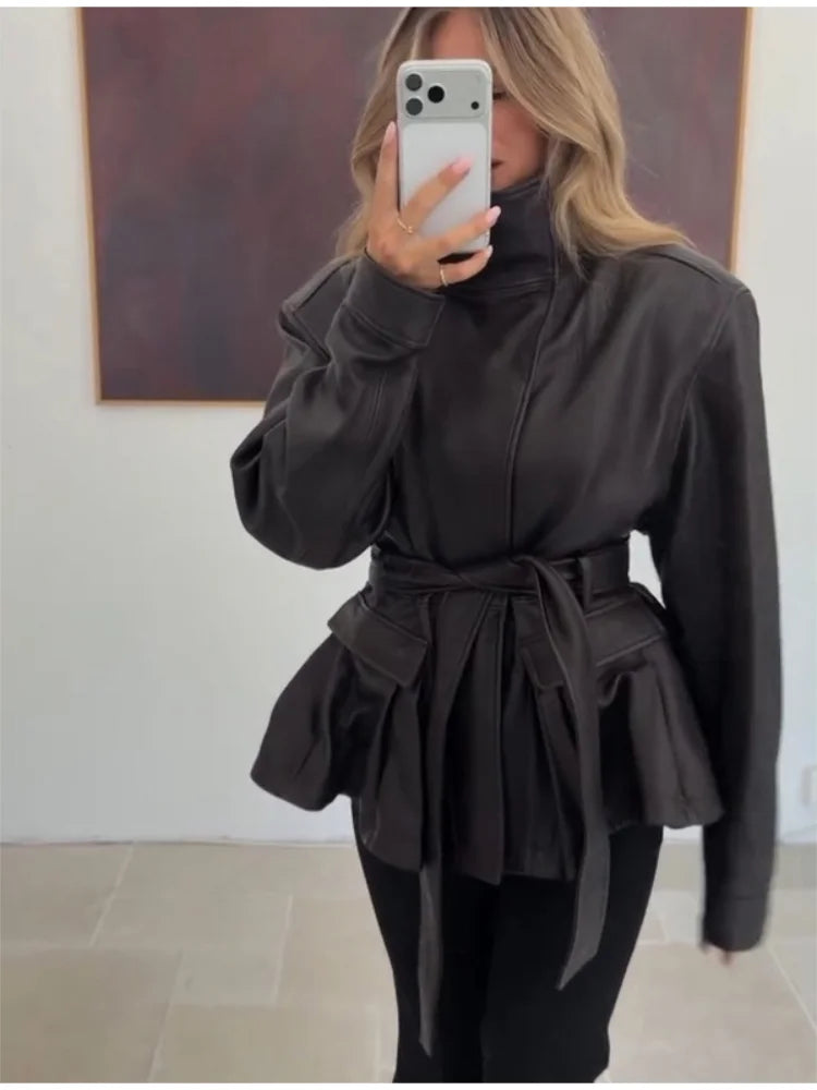 Women's Black Belted Faux Leather Jacket High Neck Long Sleeve Waist Belt Autumn Winter Peplum Jackets 2026 Street Outerwear
