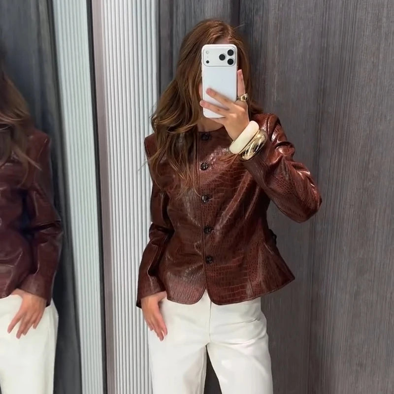 Street Fitted Leather Jackets Women Shoulder Pad Single Breasted Long Sleeves Pu Coats Female 2026 Autumn New Chic Outwears Lady