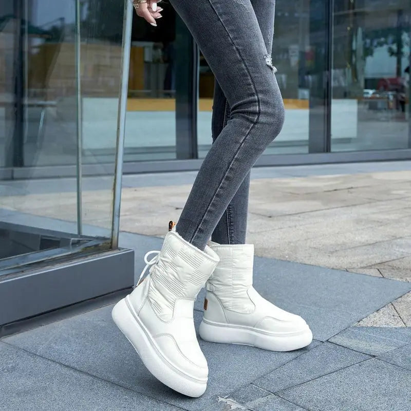White Half High Waterproof Women's Snow Boots Lace-up Goth Plush Warm Quality on Offer Y2k Padded Large Size Hot Ladies Shoes