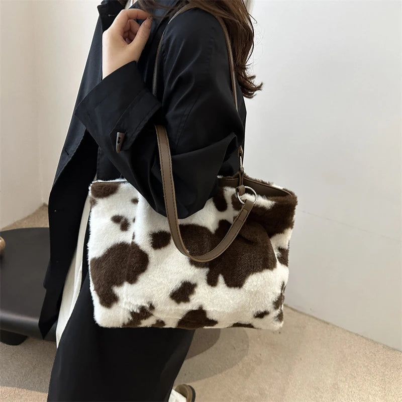 Cow Pattern Plush Shoulder Bag for Women Winter Fashion Purse Handbags Soft Warm Fur Female Casual Messenger Bags