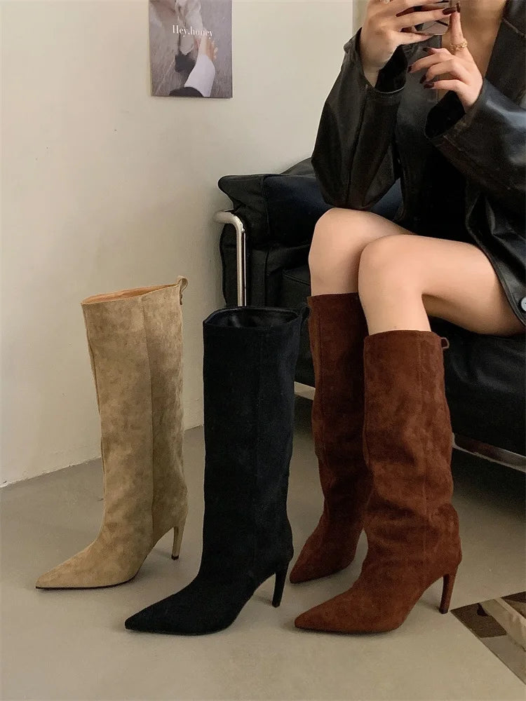 Aneikeh Fashion Winter Pointed Toe Knee-High Women Boots Thin Heels Shoes Female Punk Long Booties Zapatos De Muje