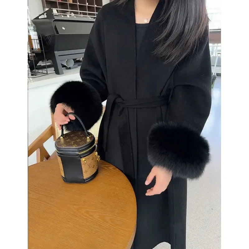 Women Autumn Winter Woolen Coat 2025 New High-End French Style Fur Sleeves Mid-Length Woolen Coat Women Long Coat Loose Outwear