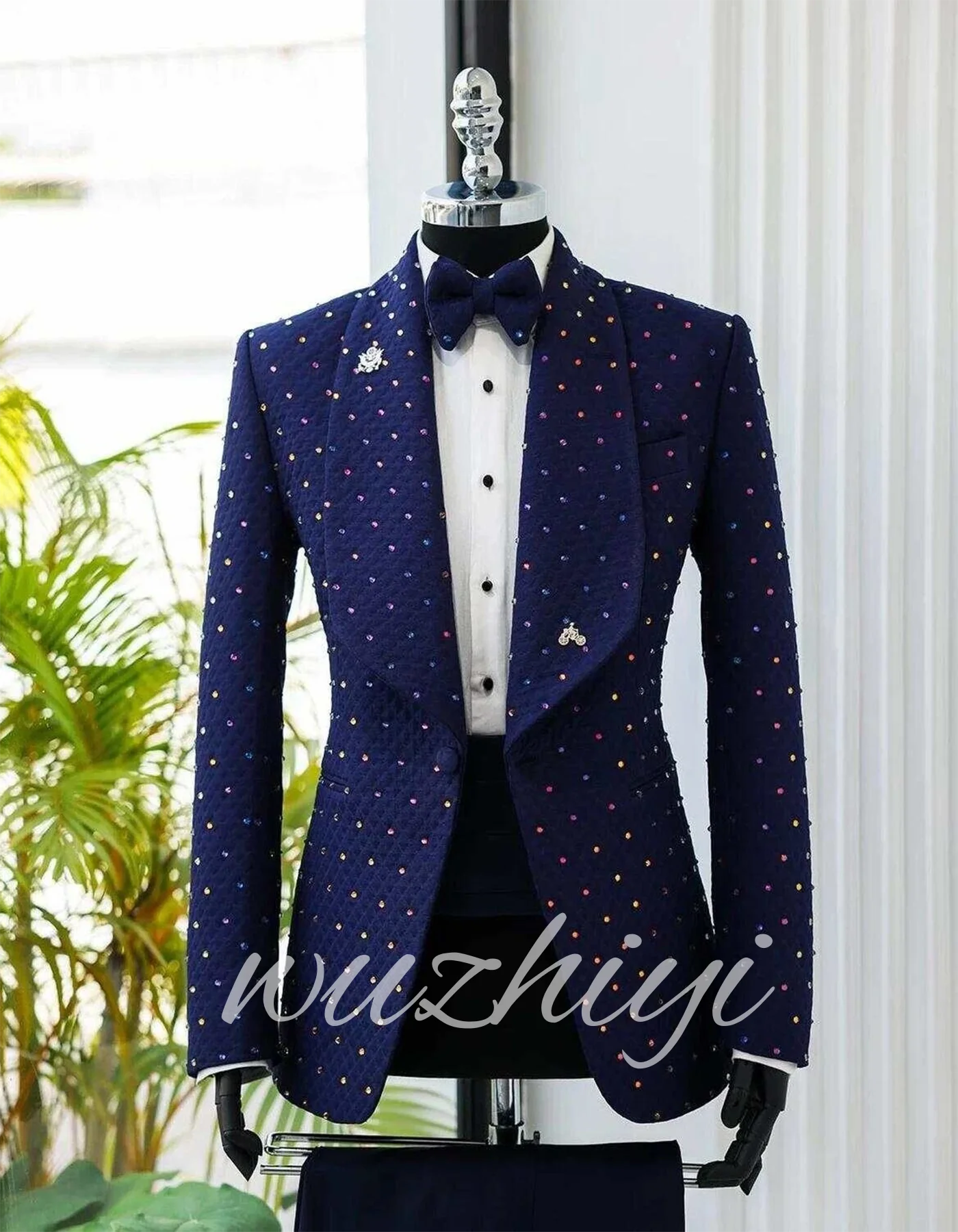 Luxury Beading Men's Groom Rhinestone Suit Pant Single Breasted Wedding 2 Piece Slim Fit Suits Formal Groom Suit Male Customized