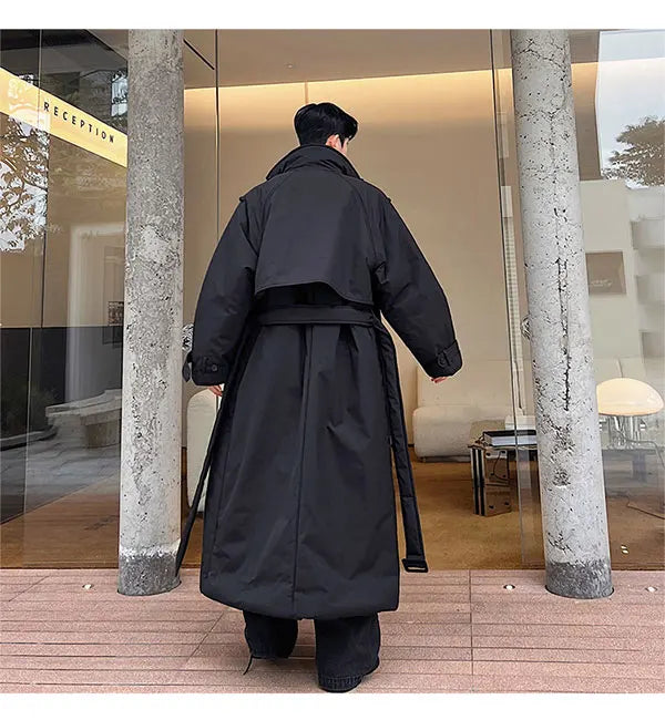 Winter Thickened Long Down Jacket Man's Belt Design Korean Warm Over The Knee Fashionable Long Sleeve Solid Color Cotton Coats