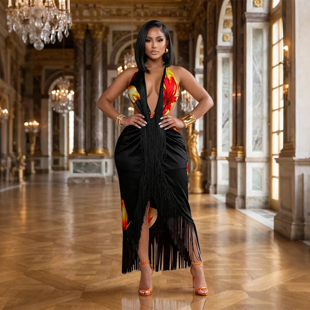 V Neck Floral Fringe Dress Sexy Party Bodycon Fashion Evening Dresses Women 2026 Summer Halter Elegant Luxury Maxi Dresses