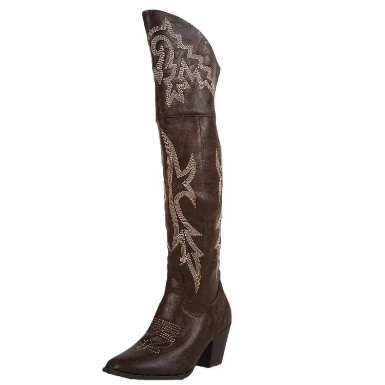 Knee High Boots Womens Shoes 2026 New Western Cowboy Knight Boots Over Knee Side Zipper Long Tube Boots Women Shoes High Heels