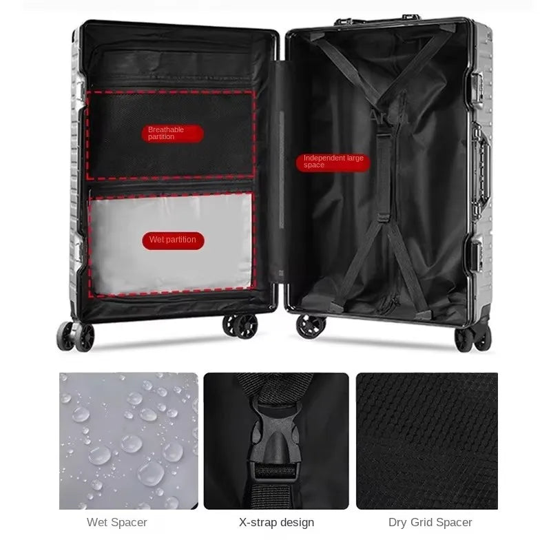Aluminium Frame Suitcase Large-capacity Trolley Case Strong and Durable Password Cabin Bag Thickened PC suitcase 20/22/24/26/28