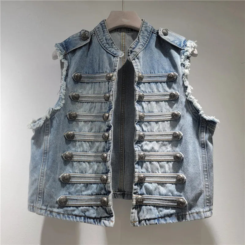 Women Jackets Sleeveless Denim Coat Solid Cardigan Buttons Casual Stand Collar Jacket Streetwear Lady Vintage Coats Summer 2026