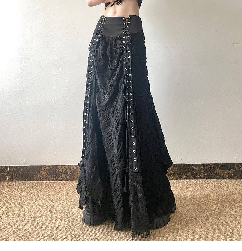 Gothic Long Skirt Bandage Lace Mesh Patchwork High Waist A Line Drawstring Split Black Skirt Irregular Aesthetic Female Fashion
