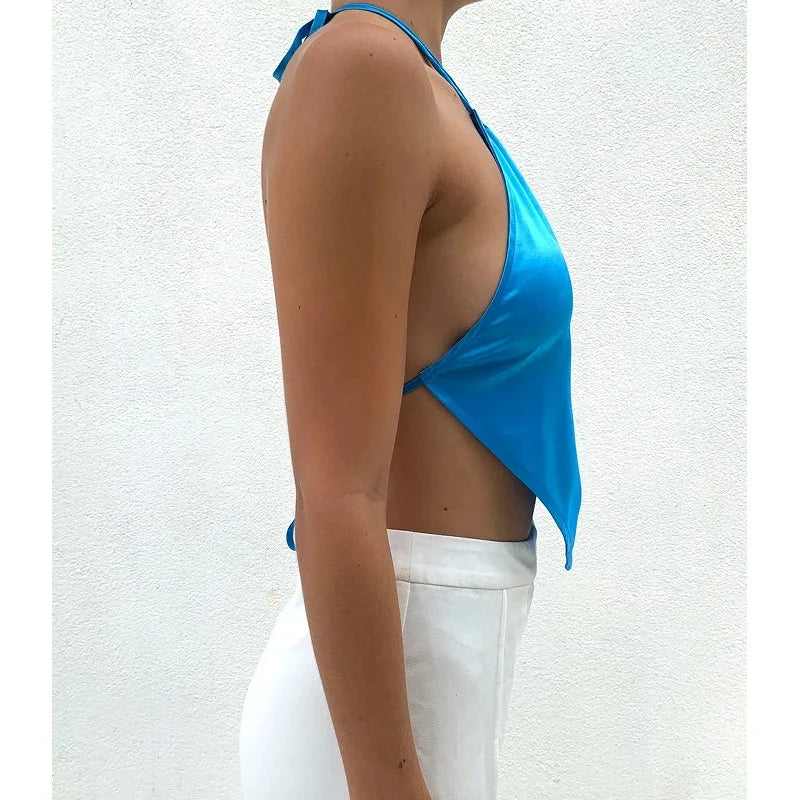 Backless Blue Sexy Halter Top Women Satin Camisole Party Strappy Short Tanks Camis Wrap Tops Y2k Clothes Summer 2022 Outfits