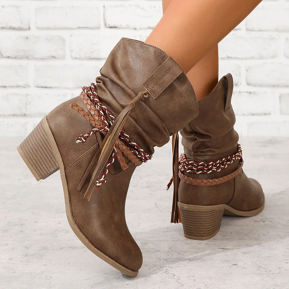 Pleated Fringed Thick Heels High Heels Fringed Boots Braids Round Toe European and American Mid-Top Women's Boots