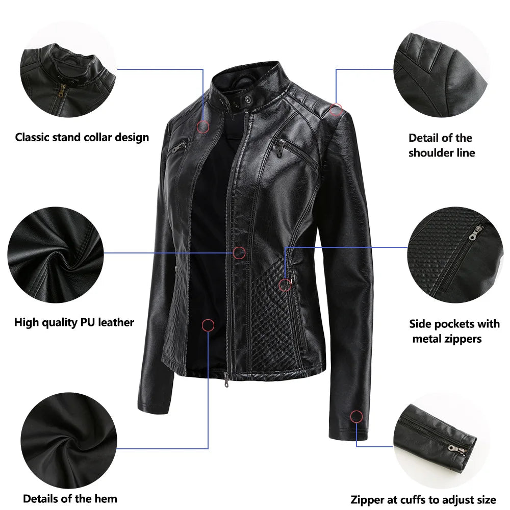 Ladies casual stand-up collar jacket Slim models women's spring and autumn solid color women's leather jacket
