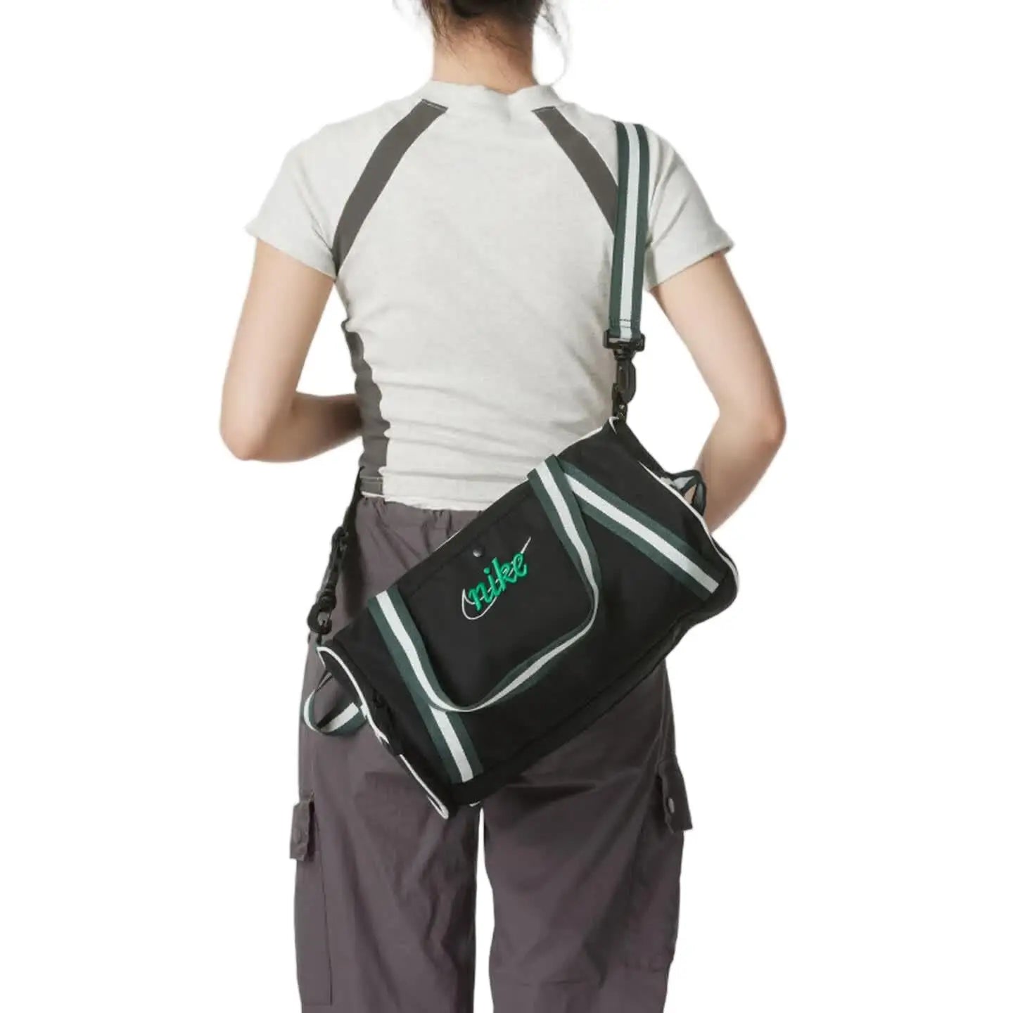 Nike Unisex Large Tote Shoulder Crossbody Gym Bag – Black with Retro Green, Sports & Casual, Logo Detail DR6261-013