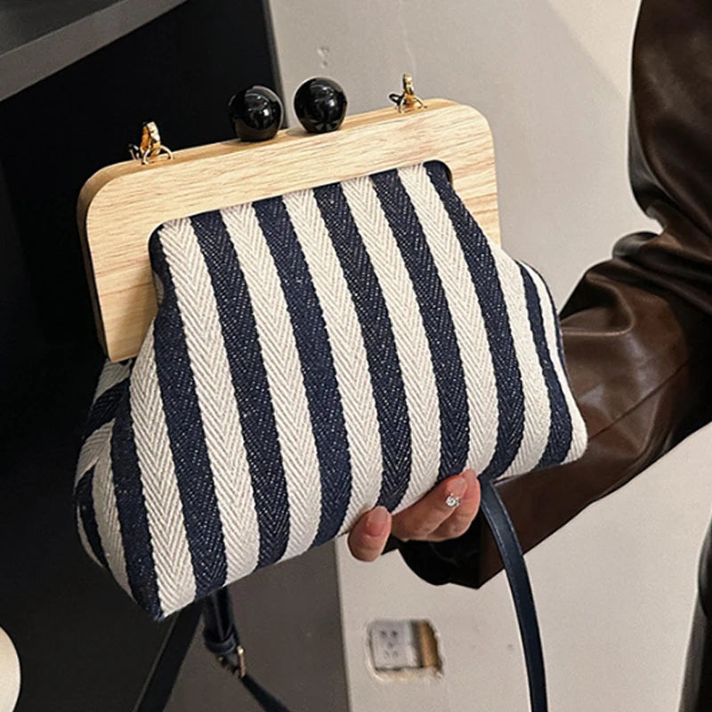 New Black Stripe Canvas Wooden Clip Bag Women Bag Fashion Shoulder Bag Crossbody Bag