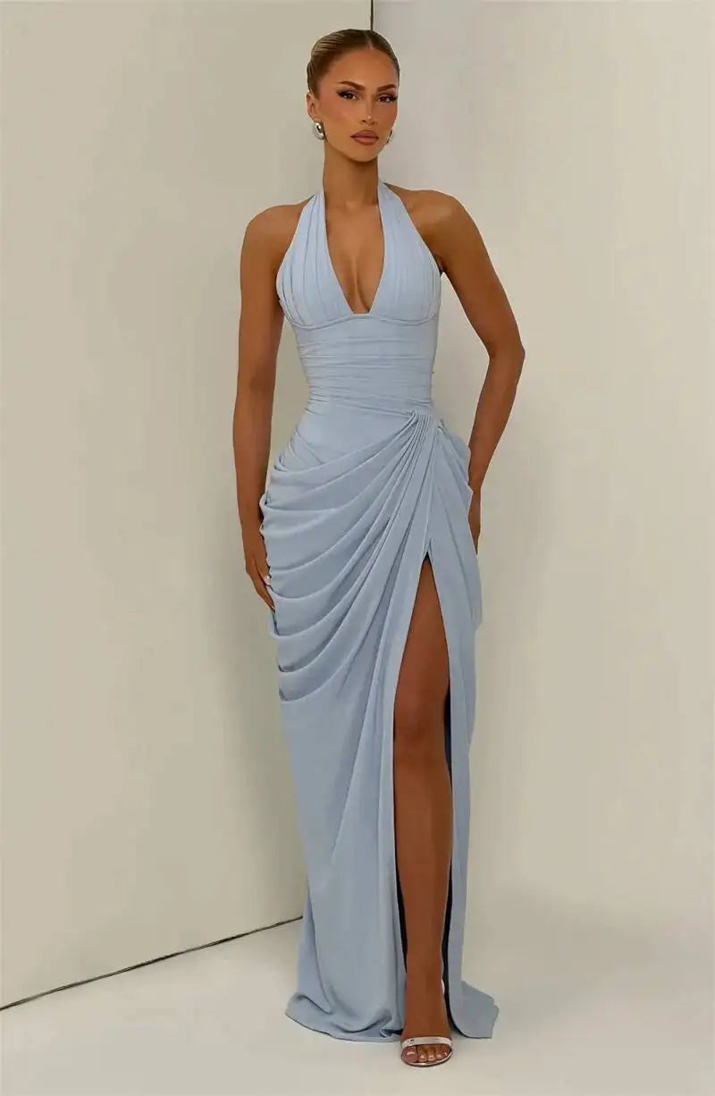 Mozision Wine Red Halter Deep V Maxi Dress Women Elegant Draped Ruched High Split Bodycon Cocktail Wedding Club Party Dresses