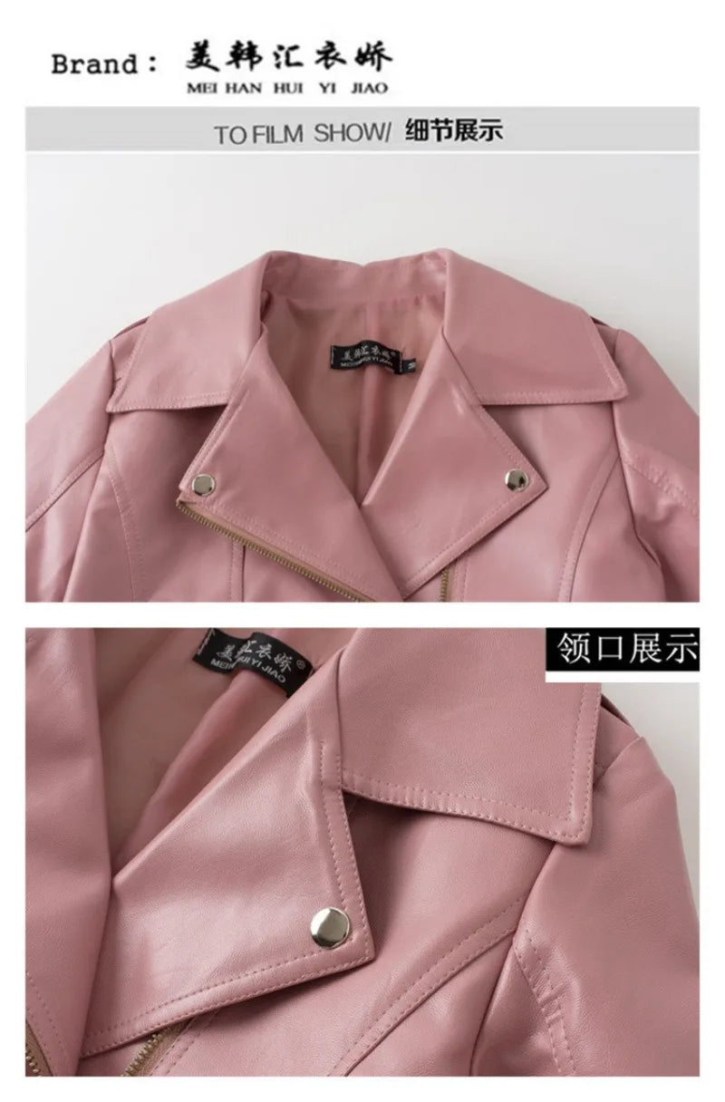 2026 Fashion Pink Black Leather Jacket Women's Short Coat Spring Autumn Zip-up Loose PU Leather Outerwear Student Casual Jackets