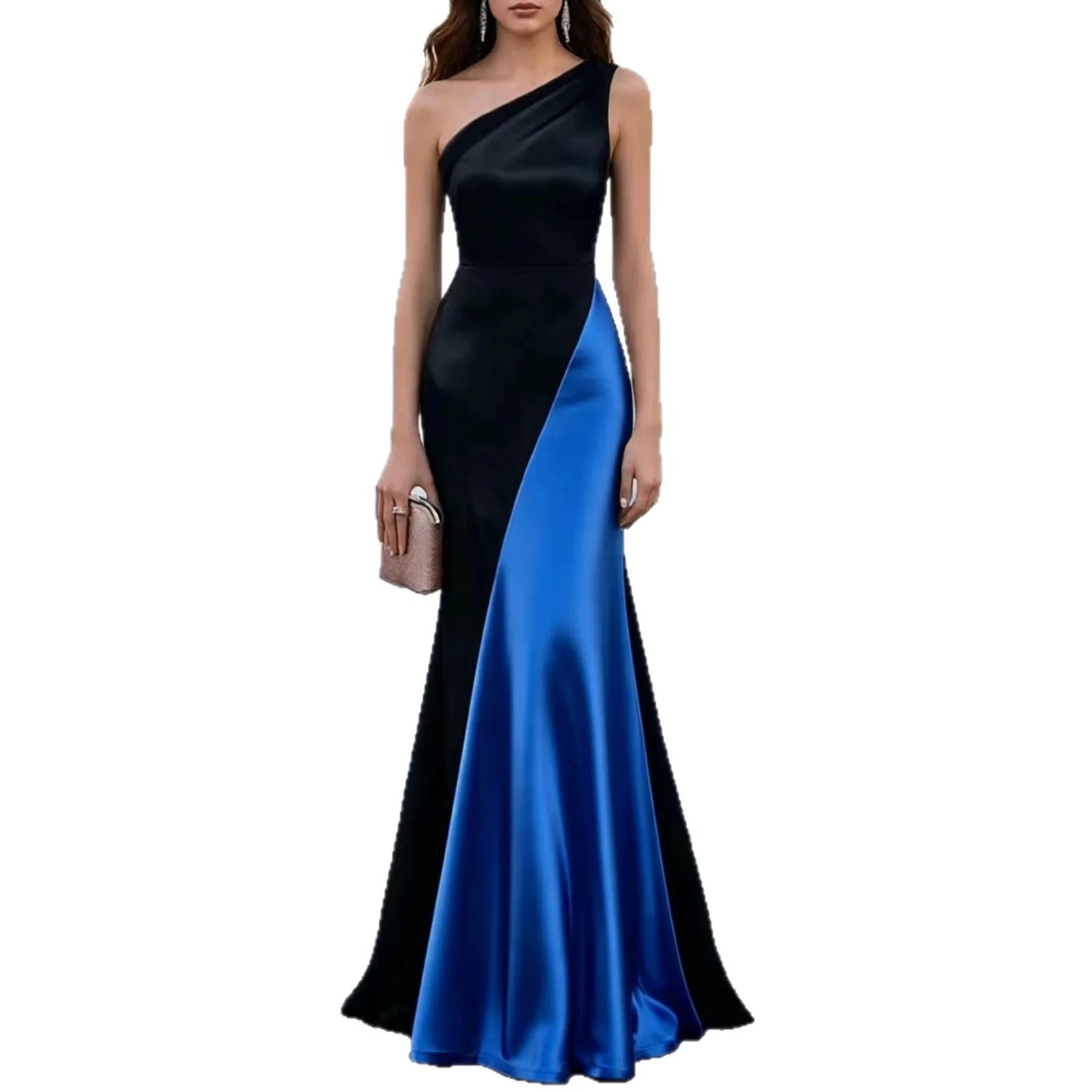 Women Luxury Satin One Shoulder Long Dress Black Red Patchwork Bodycon Mermaid Gown for Birthday Cocktail Wedding Guest Evening