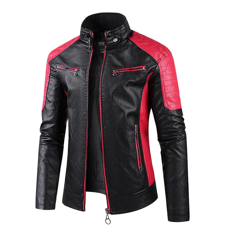 White and Red Patchwork Men's PU Jacket, Stylish Vintage Biker Faux Leather Coat, Available in Black or Brown.