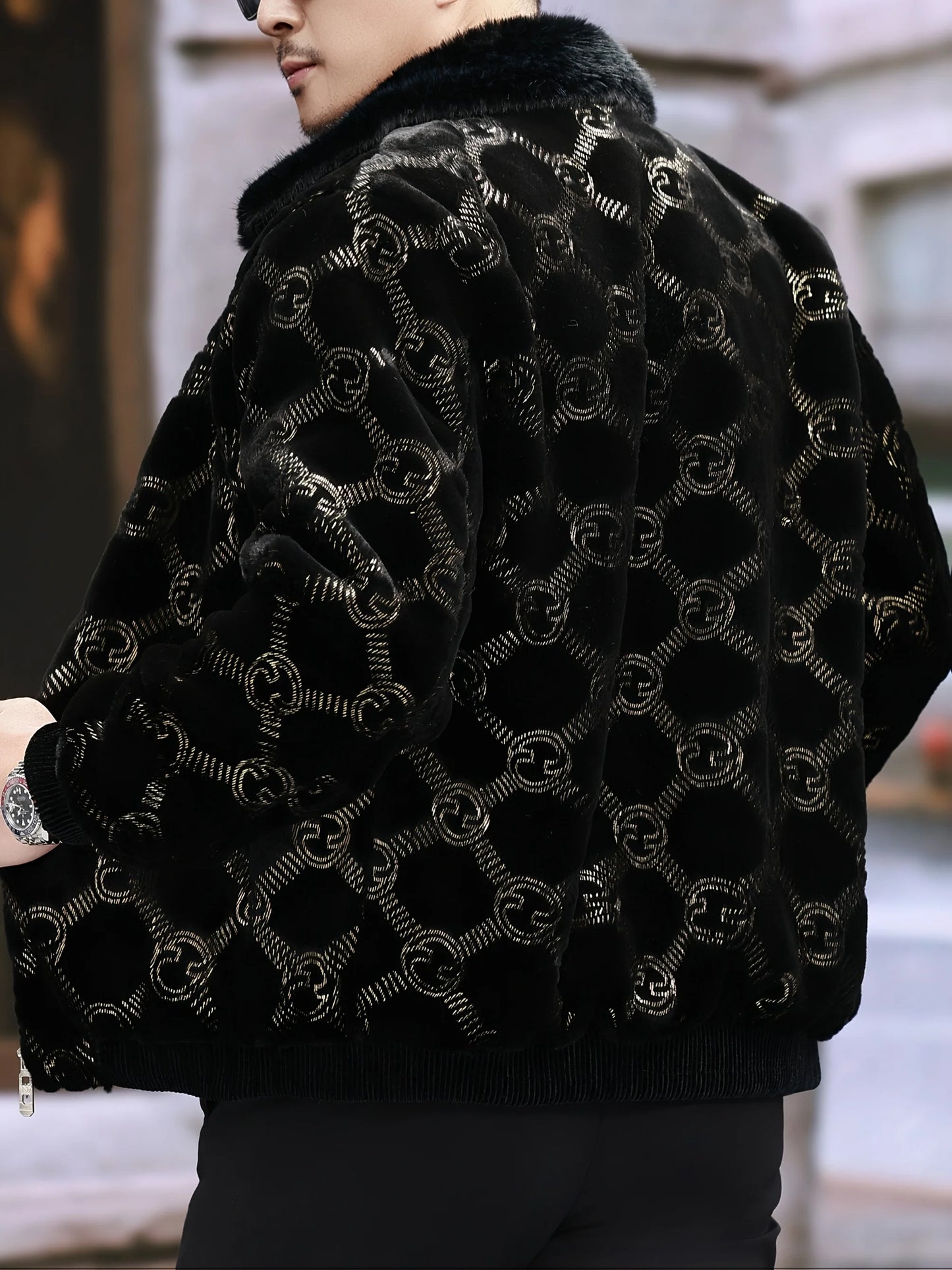 Winter Men's Warm Lapel Bronzing Printed Imitation Mink Jacket