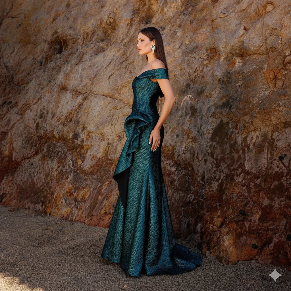 Metal Green Mermaid Evening Gown With Off Shoulder Pleats For Formal Occasions Elegant Ball Gown Vestdos De Fiesta Customized
