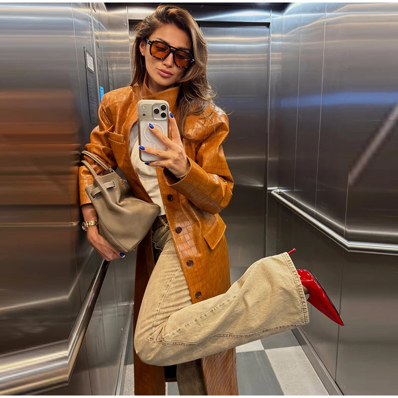Fashion Croc Pattern PU Leather Women's Jacket Stand Collar Oversize Long Sleeve Chic Coat  2026 Autumn Winter New Daily Wear