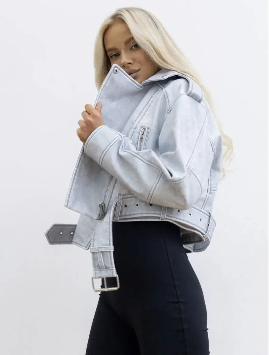 Women Autumn Winter Loose Gray PU Faux Leather Short Jackets Belt Female High Street Zipper Retro Moto Biker Coats Outwear XS-XL