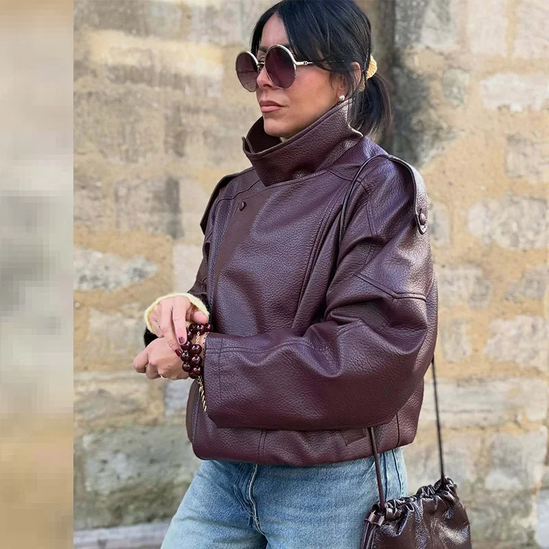 HXAO Women's Faux Leather Jacket Short Coat Black Bomber Jackets For Woman Loose Winter Outerwear High Neck Aviator Jackets