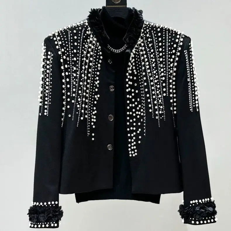Fashion Men's Jacket Spring Autumn High-End Pearl Niche Personality Design Short Men's Stand Collar Coat