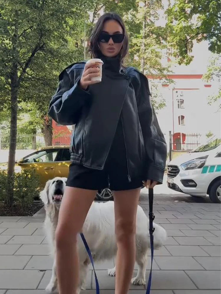 Fashion Leather Women's Jacket Y2k Street Single-breasted High Neck Female Coats 2026 Autumn Black Pu Long Sleeve Lady Jackets