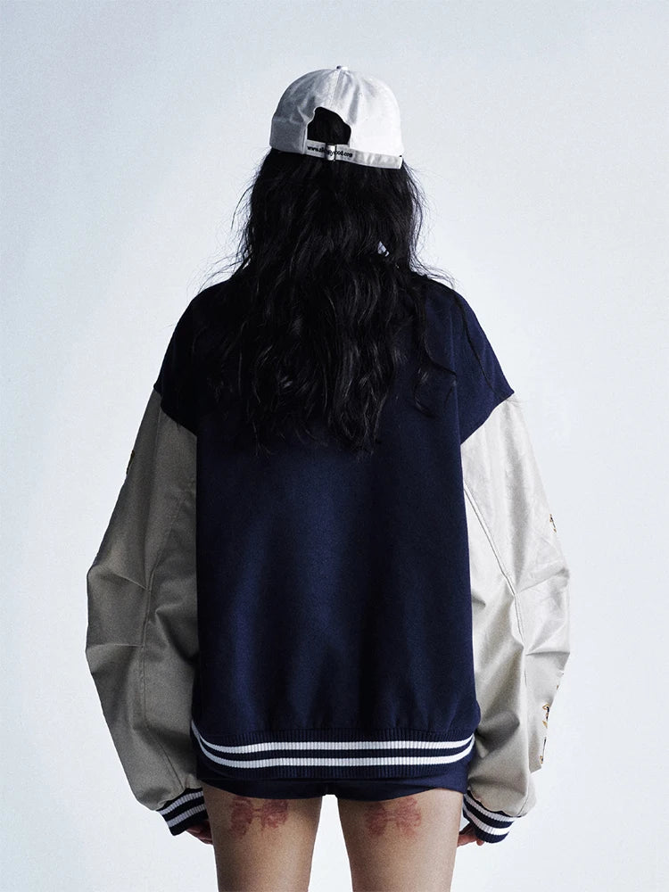 Women American Vintage Embroidered Baseball Jacket Faux Leather Sleeve Patchwork Bomber Coat Autumn Casual Streetwear Outerwear