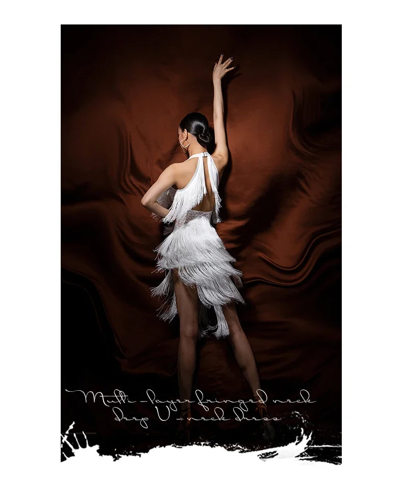 Women Backless Fringe Sexy Black Dress Cha Cha Rumba Samba Tango Dance Costume Prom Wear Latin Dance Copetition Dress