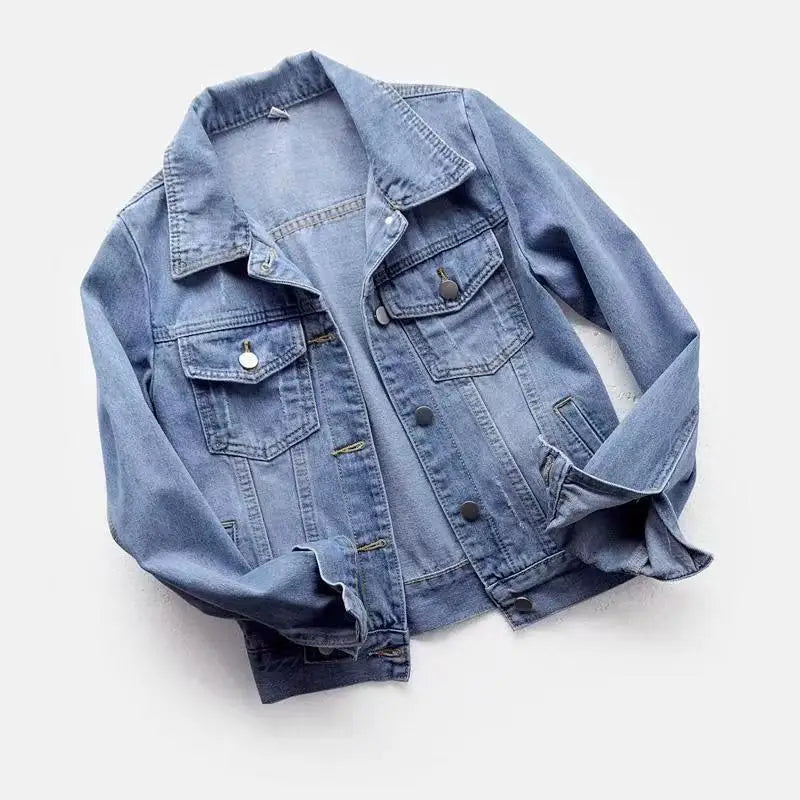 Women Spring Denim Jacket Short Slim Fit Washed Single Button Long Sleeve