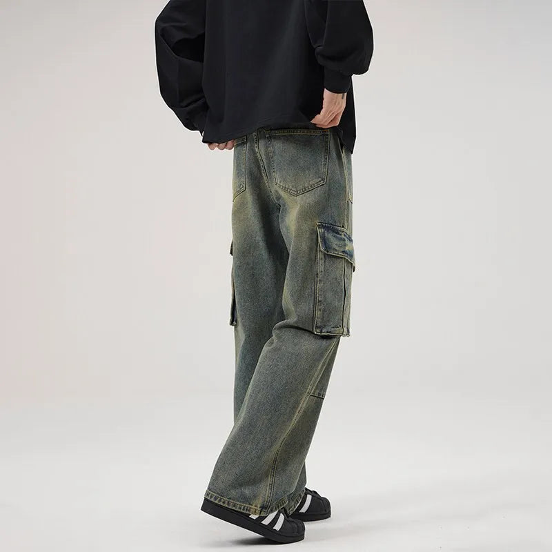 American Retro Street Multi-Pocket Patchwork Work Pants Loose Straight Leg Jeans for Men And Women Vibe Style Long Trousers