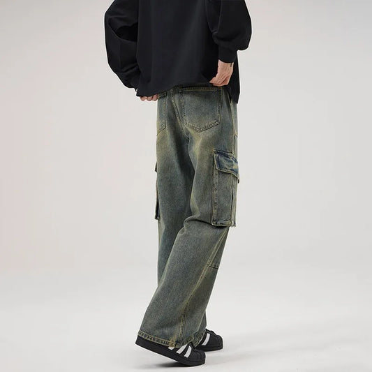 American Retro Street Multi-Pocket Patchwork Work Pants Loose Straight Leg Jeans for Men And Women Vibe Style Long Trousers