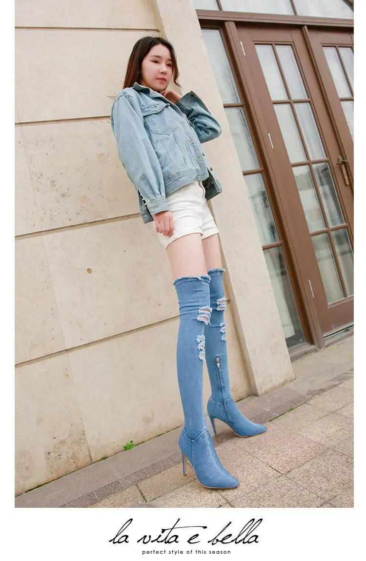 Summer Autumn Thigh High Boots Women Fashion Peep Toe Over The Knee Boots Blue Denim Jeans Zipper Long Boots Shoes Ladies