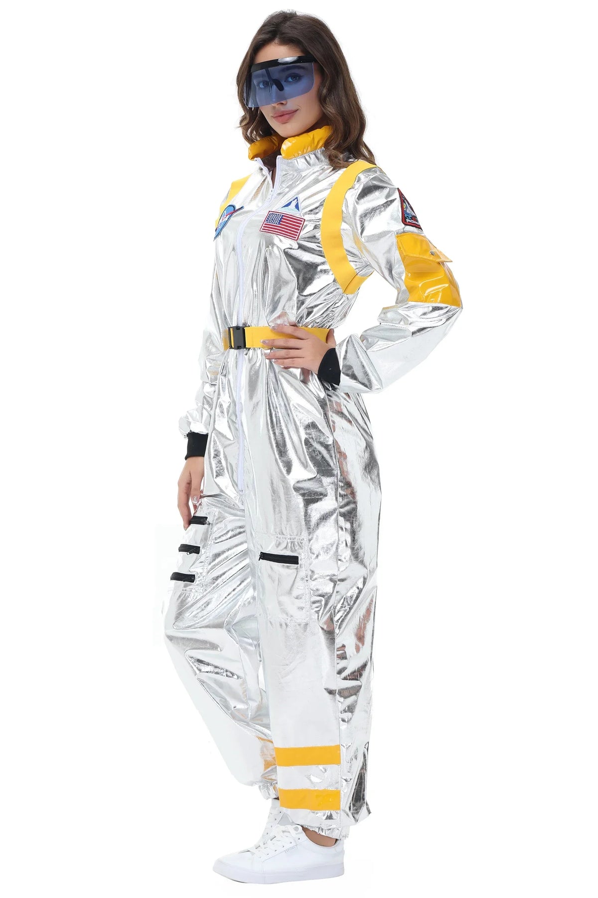 Adults Silver Astronaut Costume Space Suit Men Women Couple Jumpsuit Cosplay Halloween Carnival Party Dress Up