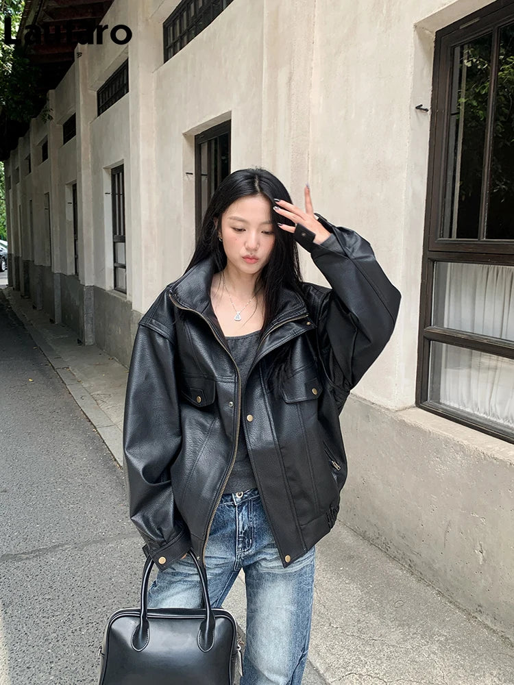 Lautaro Spring Winter Cool Oversized Thicken Warm Black Hard Pu Leather Jacket Women Long Sleeve High Quality American Clothing