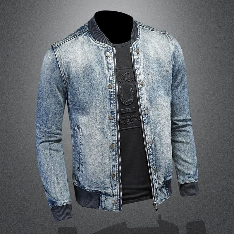 Mens Denim Bomber Jacket Slim Fit Vintage Moto Biker Short Cargo Coat Male Long Sleeve High Street Stand Collar Pilot Jackets