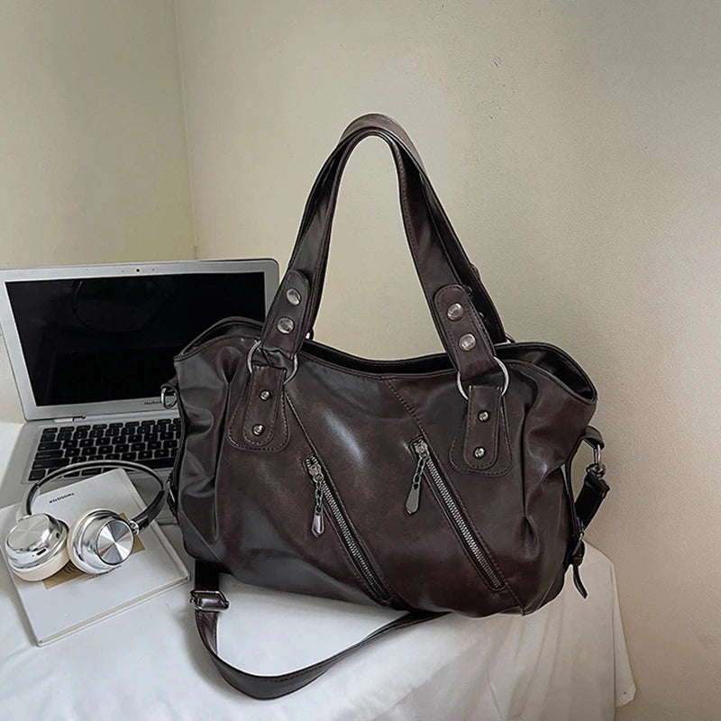 Retro Brand Roomy Shoulder Bag Female Luxury Solid Color Classic Crossbody Bag Large Capacity Style Soft PU Leather Tote Bag