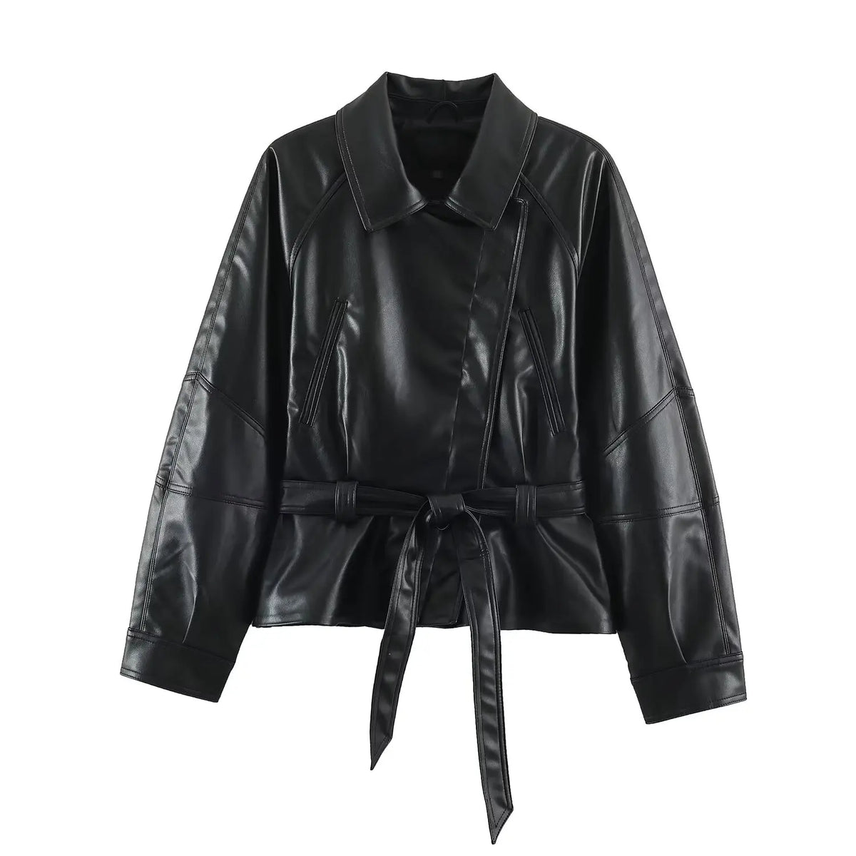 Women's PU Leather Jacket 2026 Retro Black Lapel Asymmetrical Zipper Belted Waist Zipper Pockets Cropped Biker Coat